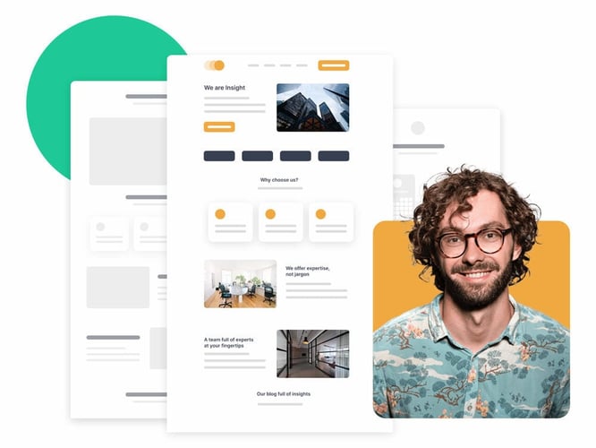 person with website theme screenshots